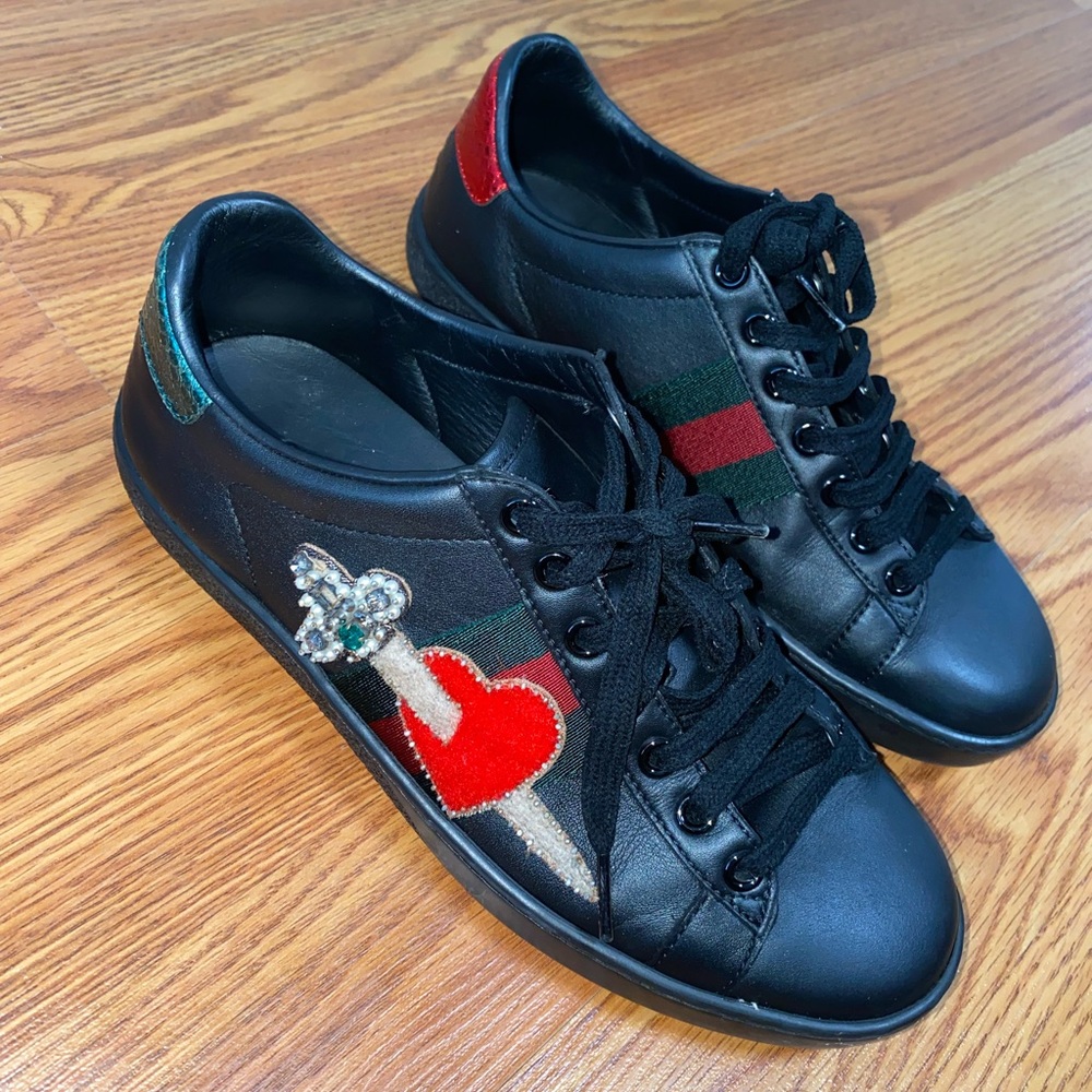 Gucci Ace Black leather pierced heart web sneakers